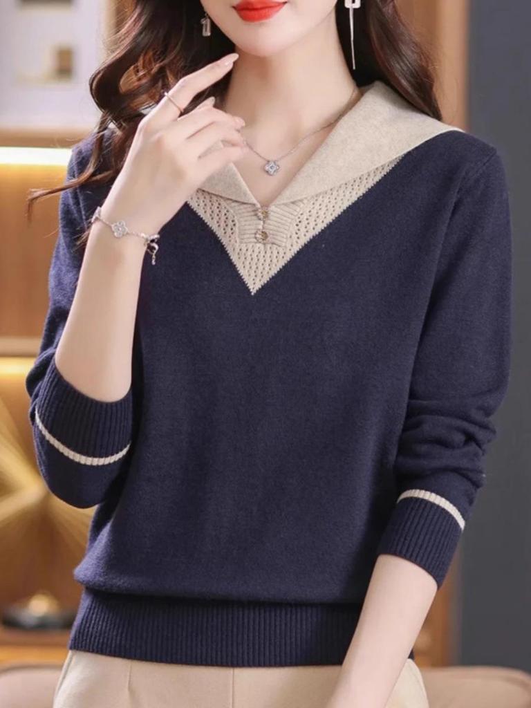 Nový stylový pletený svetr v barevných blocích - Dámský úzký top podzimní/zimní móda