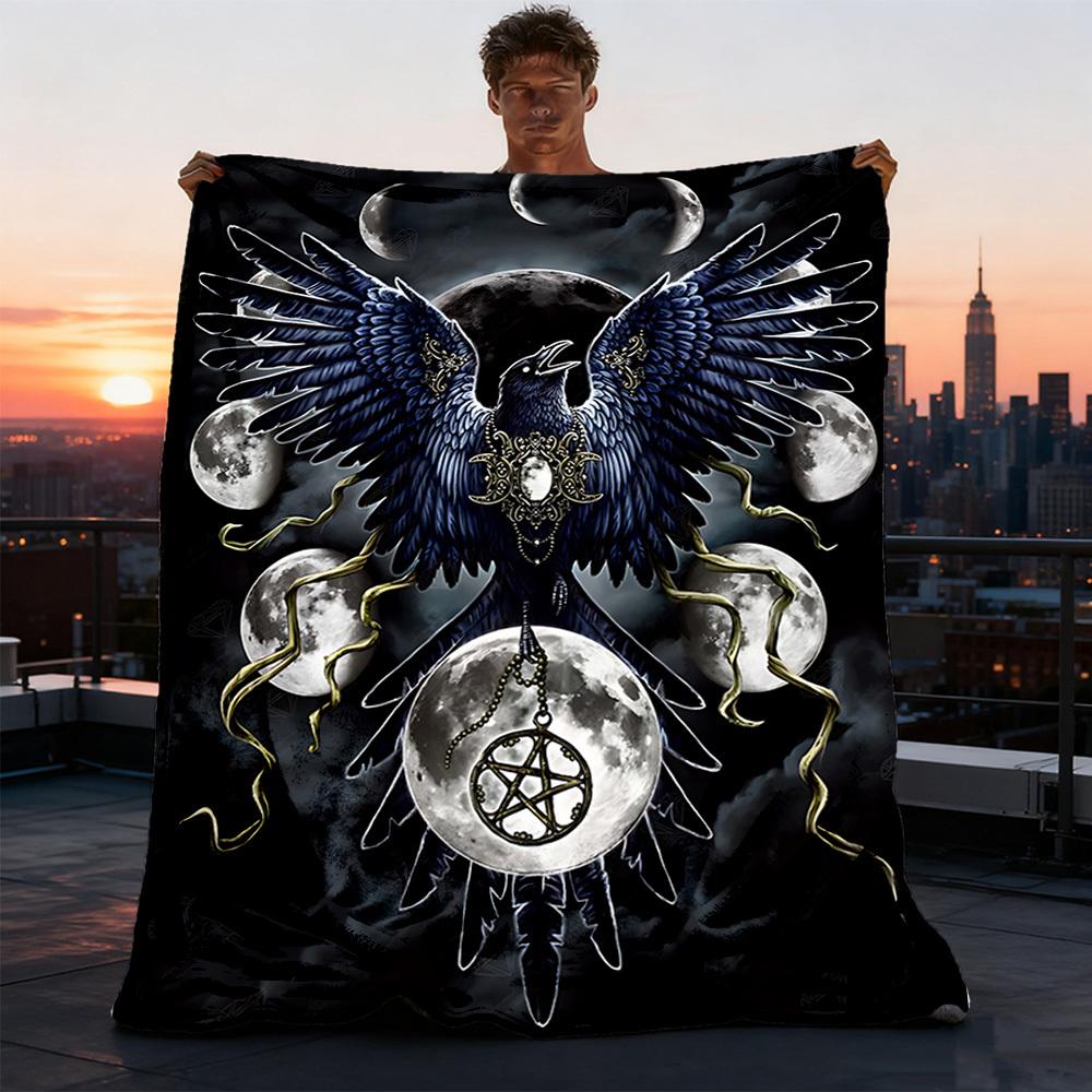 1pc Moon Raven Throw Blanket Polyester Fiber, Lightweight Flannel, Soft & Warm, All Season Use for Outdoor, Camping 75X95CM