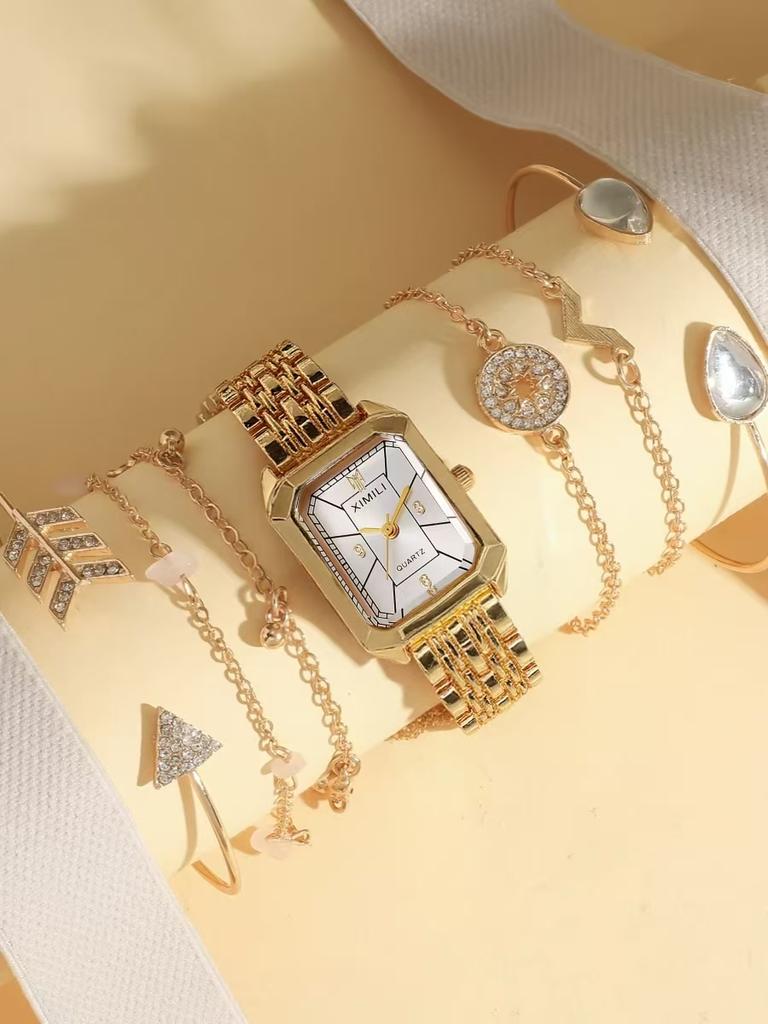 Fashion simple trend steel square quartz wristwatch bracelet with 7 pieces, suitable for Christmas, Thanksgiving gift