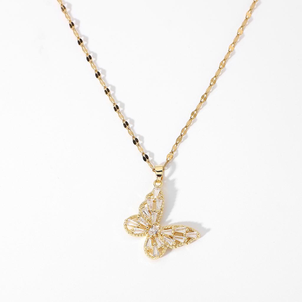 Damen Vintage Luxus Zirkon Schmetterling Anhänger Halskette Edelstahl Kette Schmetterling Schmuck Zubehör Geschenke