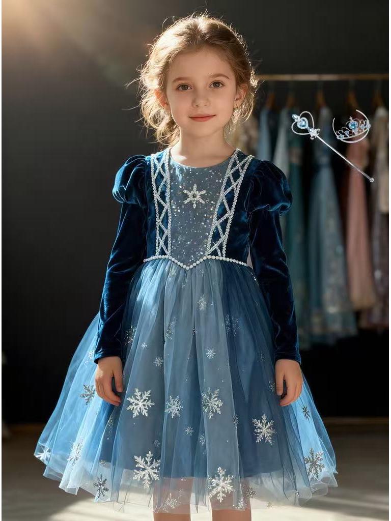 2025 Autumn/Winter Frozen Princess Elsa Long Sleeve Dress for Halloween and Holiday Gifts