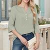 Women's Fashionable Casual Cotton V-Neck Button Three-Quarter Sleeve T-Shirt Top