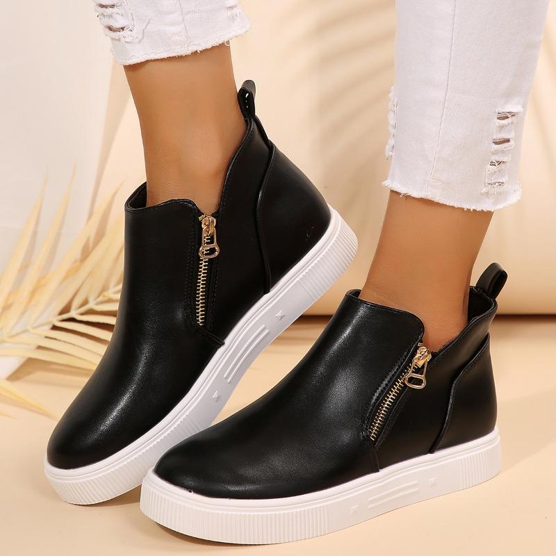 Fashion Inside Heightened Single Shoes Autumn New Round Toe Side Zipper Platform Non-Slip Wear-Resistant Flats
