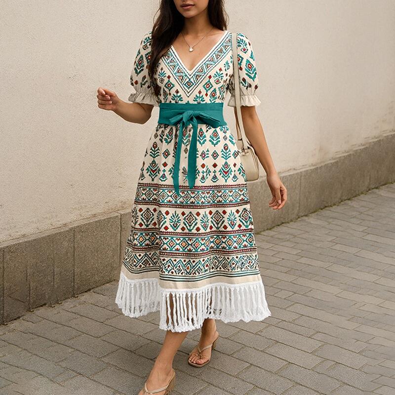 

ZANZEA Женское повседневное платье с V-образным вырезом, короткими рукавами и бахромой по подолу, летнее с принтом XL синий