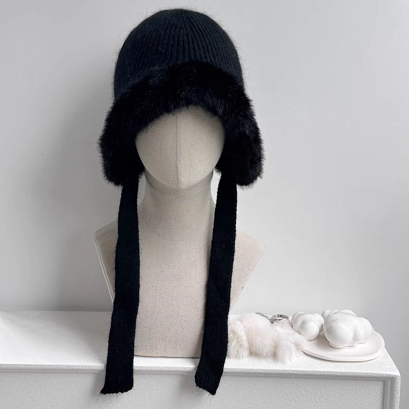 Rabbit plush knitted ear protection hat parent child winter cycling hat plus velvet windproof and cold resistant warm woolen hat cold hat winter