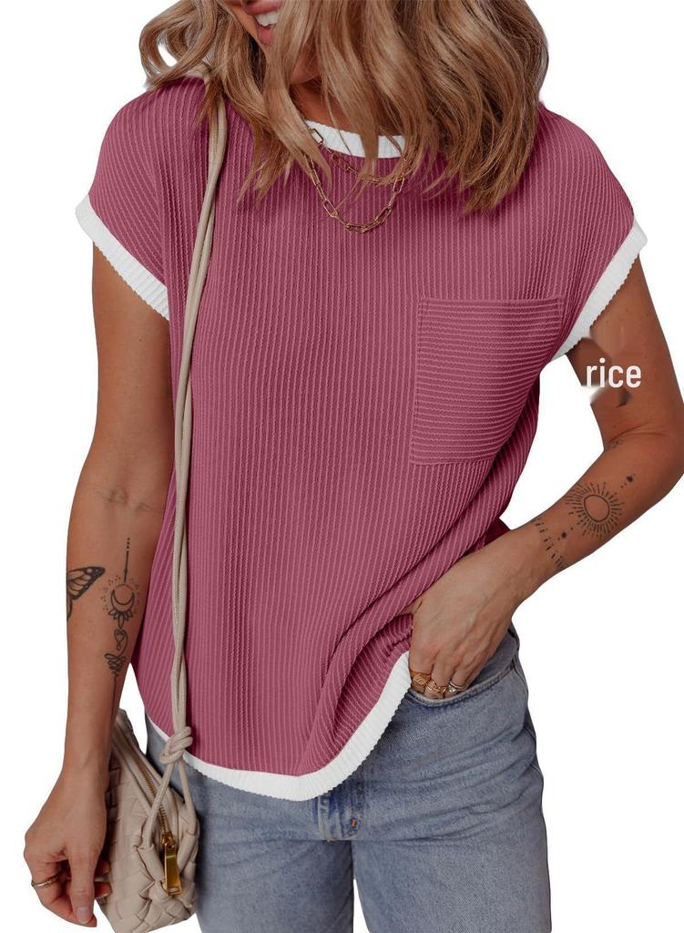 Women's Ribbed Knit Short-Sleeve T-Shirt - Casual Spring/Summer Top