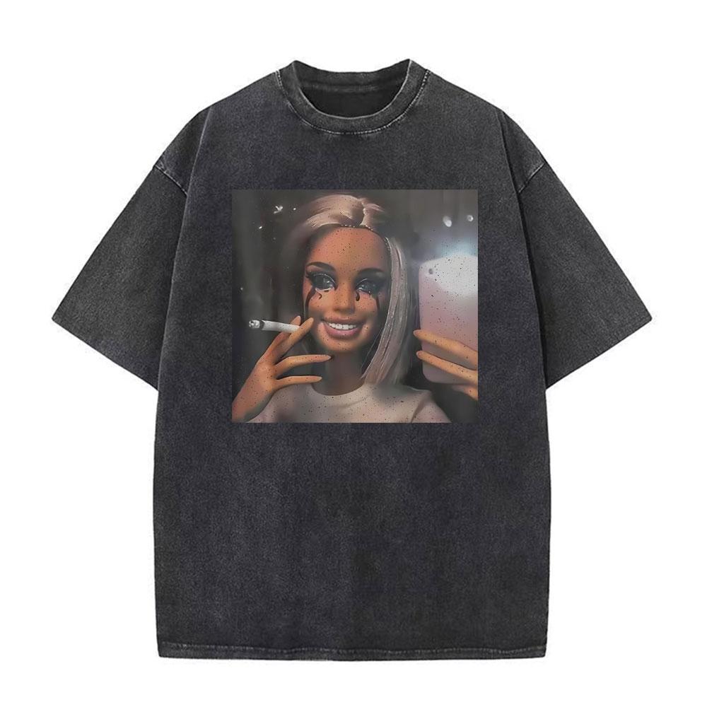 

Funny Distressed Doll Face Meme Humor Graphic Tee Shirt Unisex Women Clothing Vintage Washed T Shirt Cotton Oversized Tshirts S