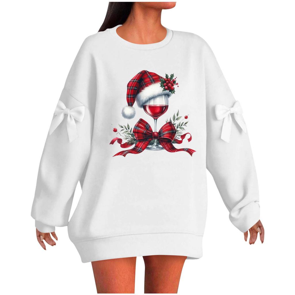 Ladies' Christmas Printed Bow Round Neck Long Sleeved Loose Pullover Sweater Sweatshirt Top