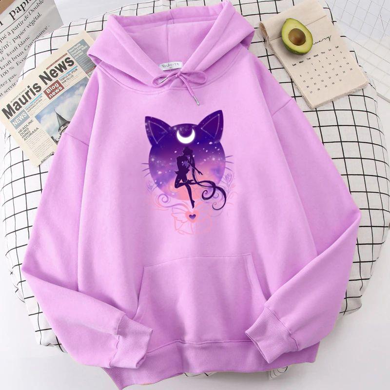 Vintage Anime Hoodies Women Sweatshirts Printed Cat Moon Long Sleeve Kawaii Hoodie Cartoon Tops Graphic Female Clothing