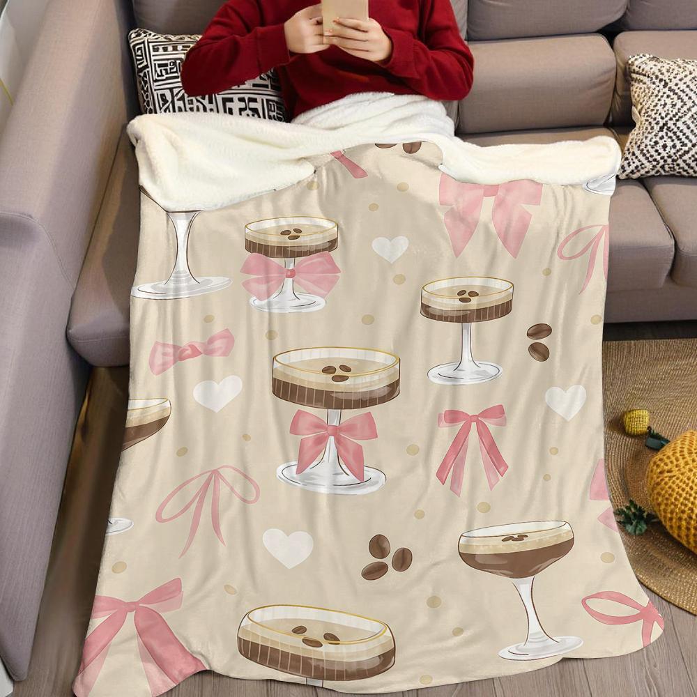 Coffee Drinks with Bows Flannel Blanket Warm Soft Halloween Christmas Couch Warm Cozy Decorative Decor Gift for All Season