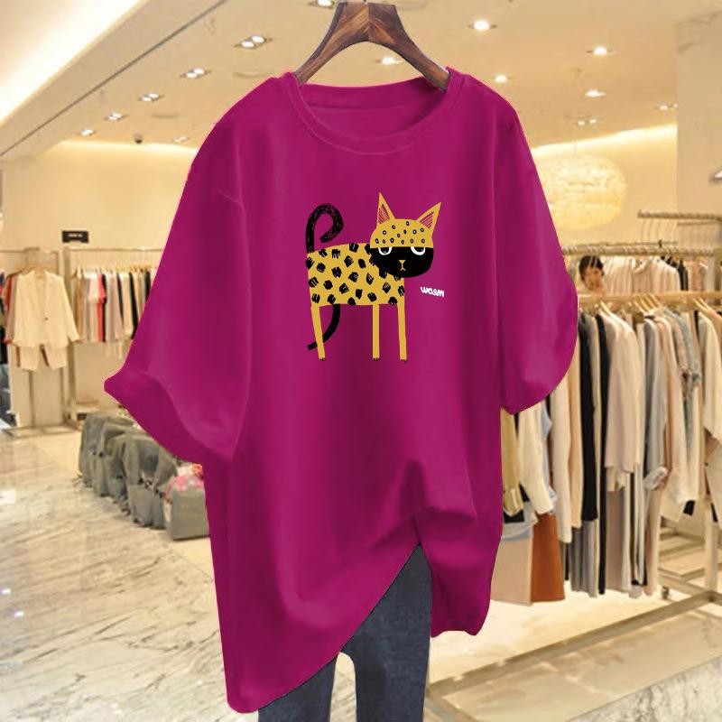2025 Animal Series Leopard Printed Cotton Crew Neck Loose Women's T-Shirt Short Sleeve Top Bottom Shirt