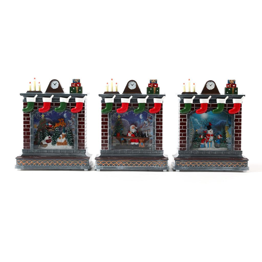 Music Ornament Fireplace Box With Snowman And Reindeer Christmas Gift Decor