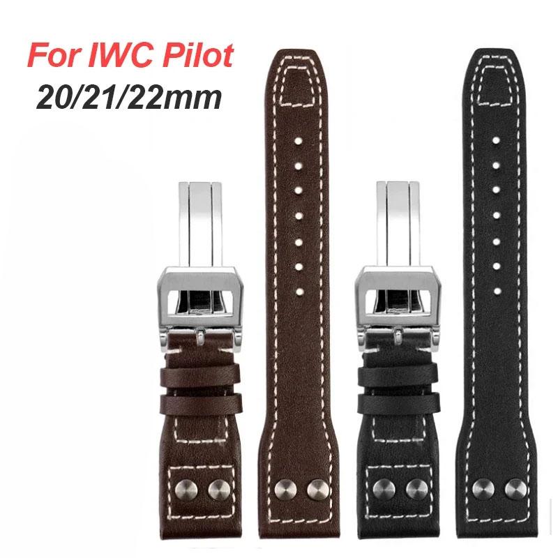 Für IWC Pilot Rindsleder Armband 22mm 21mm 20mm Echtes Leder Uhrenarmband Stahl Faltschließe Schwarzes Armband Zubehör
