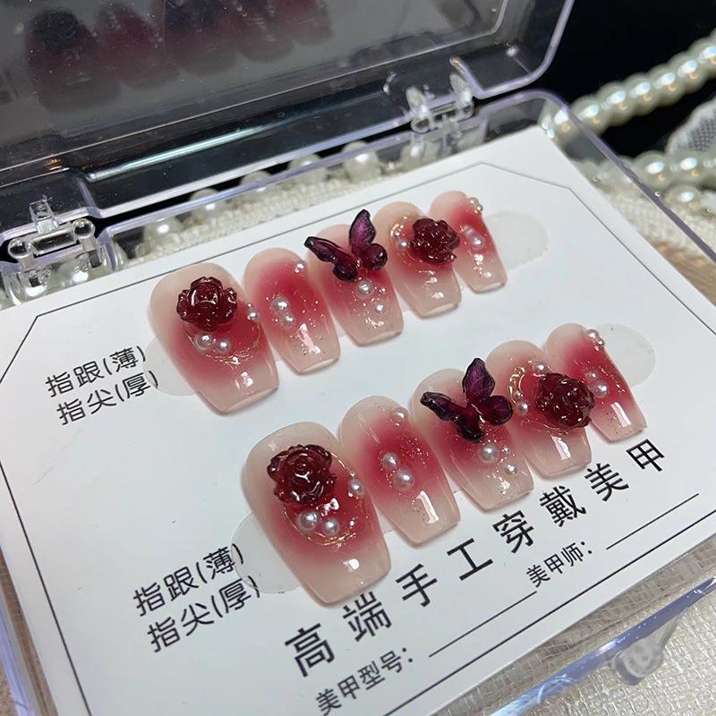 

Ручная работа Красная камелия Бабочка Румяна Накладные ногти - Гелевые накладные ногти для невест Extra Small