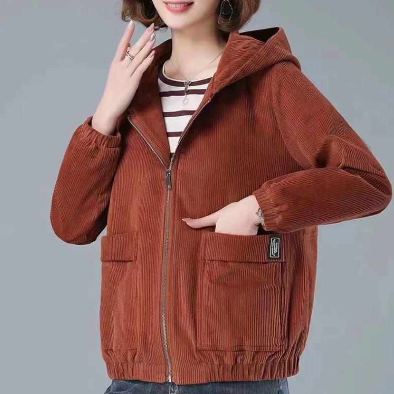 

Осенне-зимнее модное вельветовое короткое пальто с капюшоном для женщин, свободное пальто с длинными рукавами, кардиган, пальто с капюшоном, большой размер M кофейный