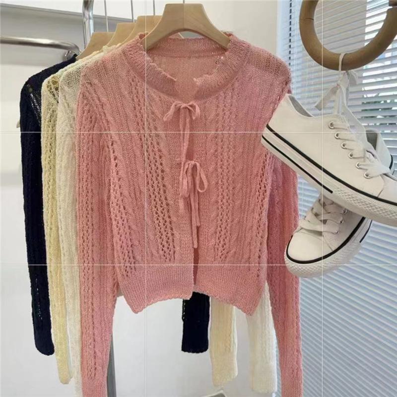 Thin cardigan new women's clothing in stock, European and American hollow lace-up sexy top long sleeve