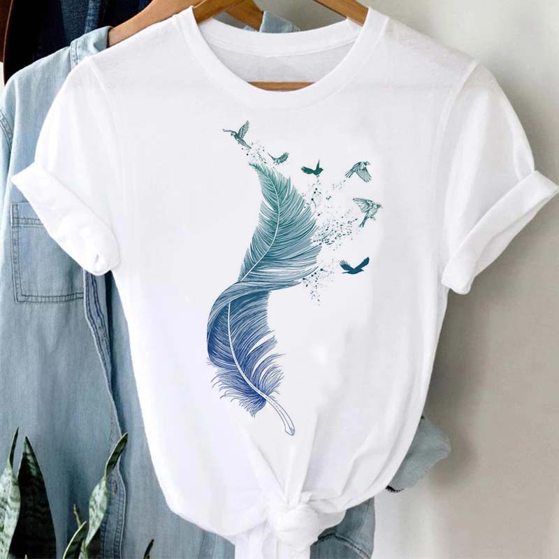 Women's T-shirt Watercolor Feather Graphic Printed T Shirt Women Short Sleeve Tshirt 90s Streetwear Female Clothes Tops