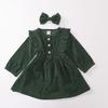 Baby Girl Dress, High-Waist Midi, Long Sleeve Round Collar Ruffle Buttons Princess Pleated Fall Skirt Headband