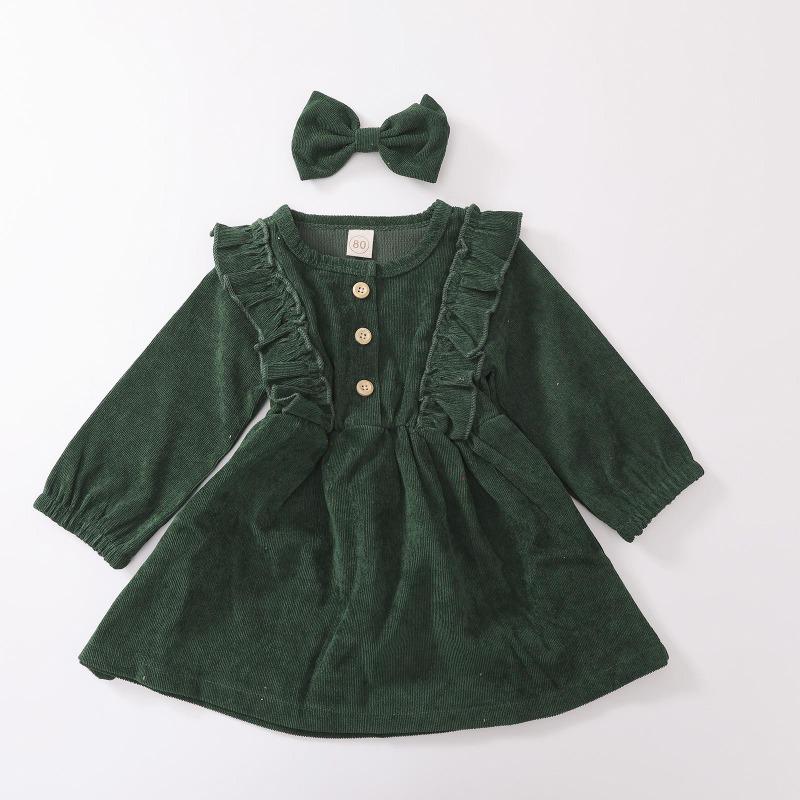 Baby Girl Dress, High-Waist Midi, Long Sleeve Round Collar Ruffle Buttons Princess Pleated Fall Skirt Headband