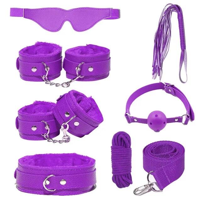 7pcs/set PU Leather SM Bondage Set Sex Handcuffs Footcuffs Whip Rope Eye Blindfold Adult Games Erotic Toys Couples Products Shop
