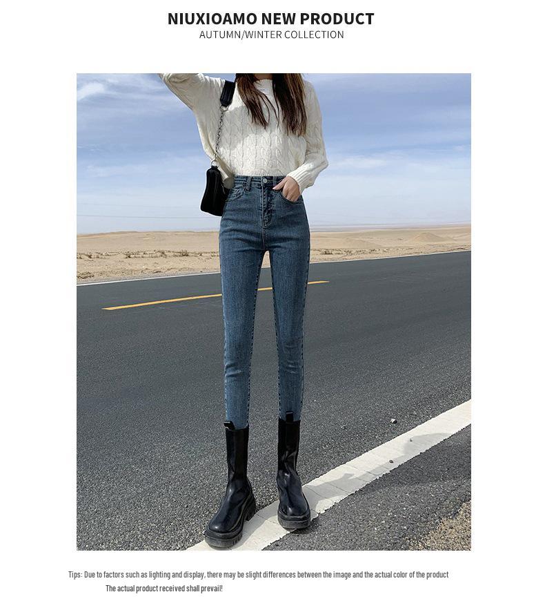 Women's Fleece-Lined High-Waisted Skinny Jeans: Slim-Fit, Warm, Thick, Elastic Pencil Pants for Winter Outings.