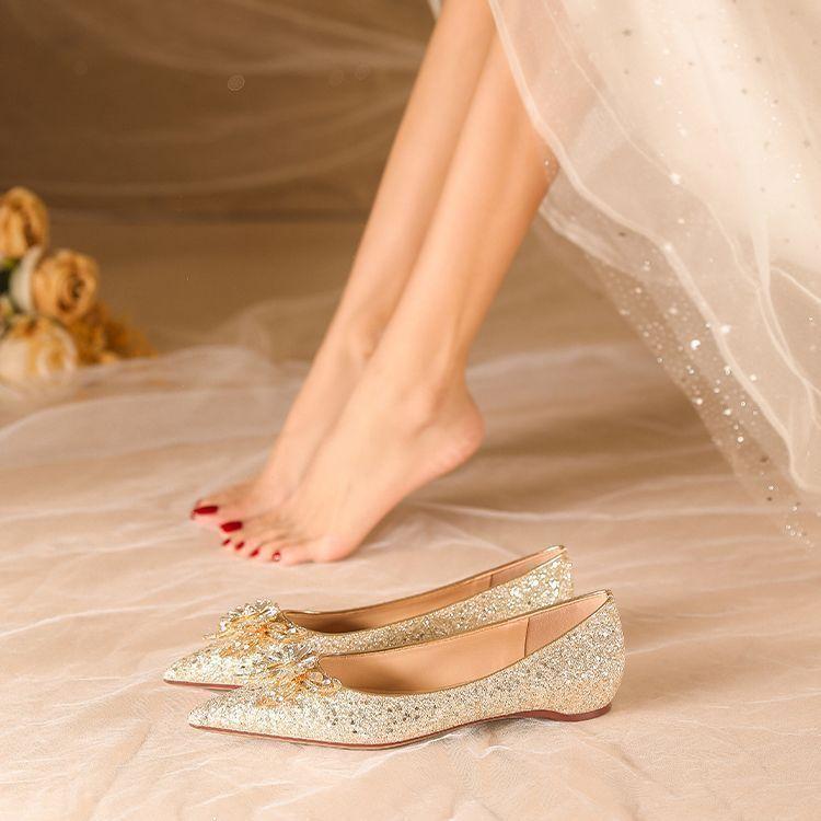 French Sequined Wedding Shoes Flat Single Shoes 2025 Not Tired Feet Pregnant Women High Sense Crystal Shoes Usually Low Heel Bridesmaid Shoes