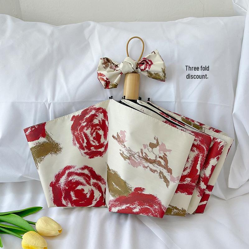 

Retro Rose Premium Wooden Handle UV-Resistant Umbrella - 8-Rib, Foldable for Sun and Rain