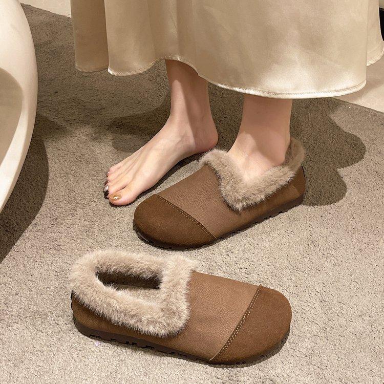 [Youshilai] Elegant Retro Shallow Loafers Women's Winter 2025 New Soft-soled Plush Casual Cotton Shoes