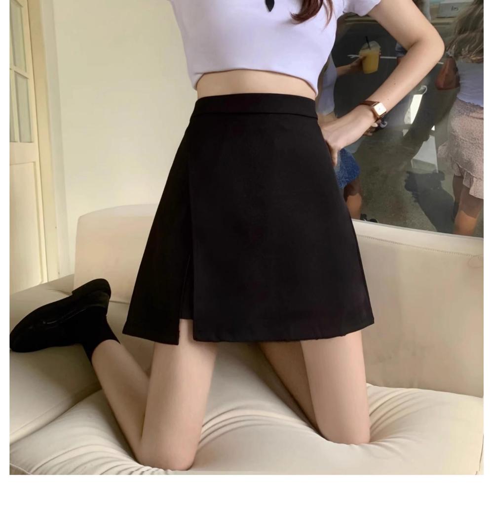 2025 Black Plus Size High Waist Slimming A-Line Slit Short Skirt for Women
