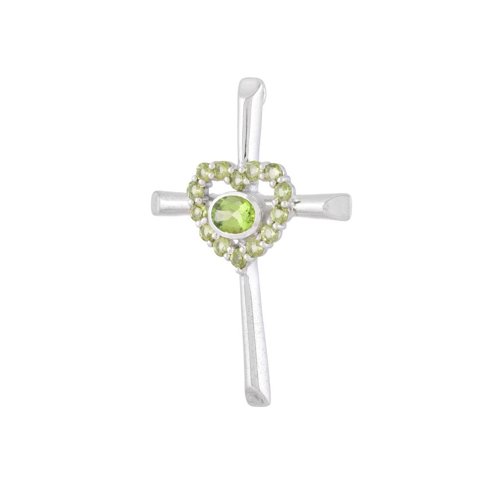Peridot Cross Pendant: Sterling Silver Heart Charm