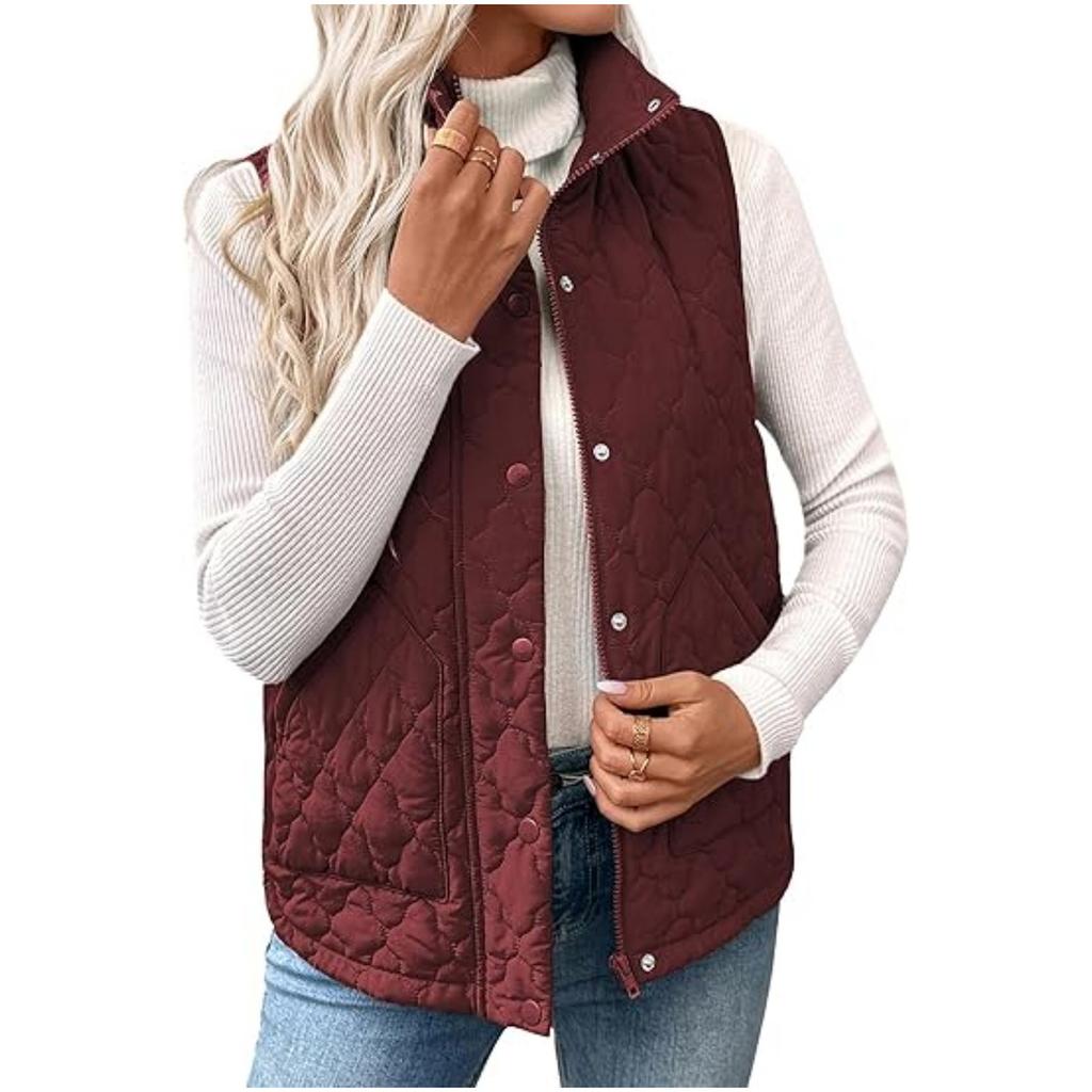 Women's Fashion Quilted Sleeveless Short Vest with Stand Collar Buttons and Zipper