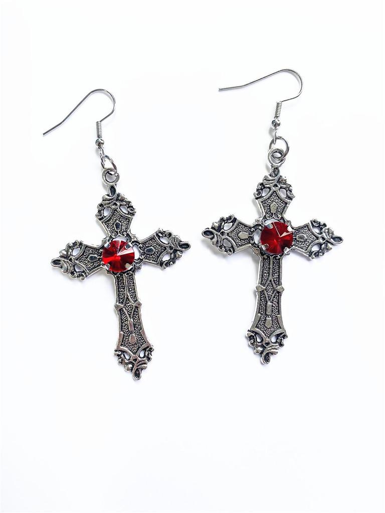 Popular Oversized Rhinestone Cross Earrings - Silver Tone Gothic Punk Fashion