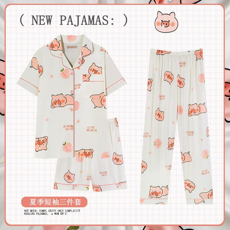 Soft Waxy Rabbit Pajamas Women's Japanese Milk Gentle and Cute Cartoon Girly Casual Short-sleeved Loungewear Three-piece Set