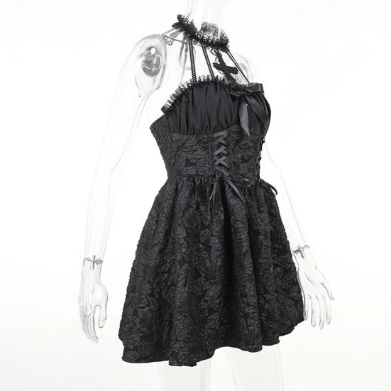 Women's Sleeveless Gothic Lace Dress Vintage Corset Halter Swing Cocktail Dress Victorian Style Black Lolita Punk Dress