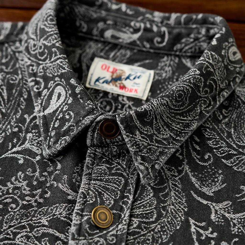 Long Sleeve Jacquard Paisley Print Washed and Size L [karaku] Men's Shirt, Denim, Casual, Simple, Stylish, Spring/Autumn,