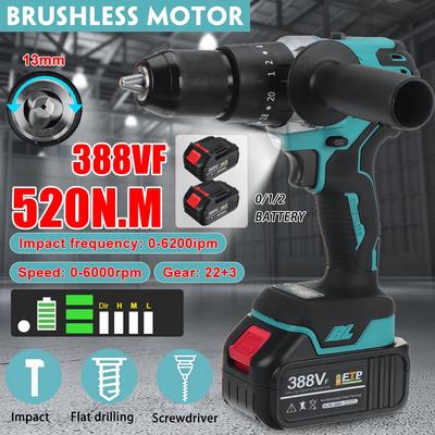 388VF 13mm 3 w 1 bezszczotkowy wiertarka elektryczna śrubokręt 520NM 20 + 2 moment obrotowy akumulatorowa wiertarka udarowa elektronarzędzie z 2 bateriami