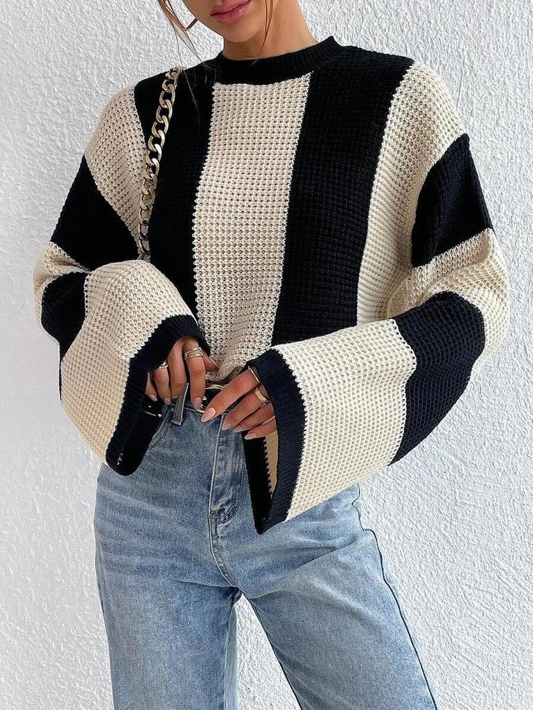 New knitted sweater top crew neck striped design sense niche sweater jacket women