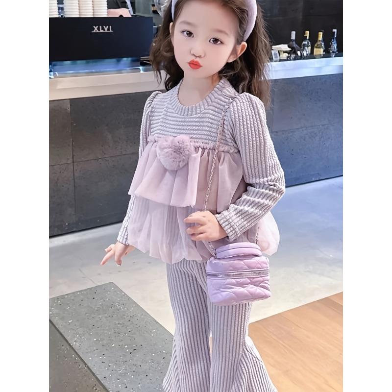 Girls Fashion Two-Piece Set - Spring-Autumn New Style | Tulle Top with Trendy Heart Decorations & Solid Color Sweet Pants for Girls