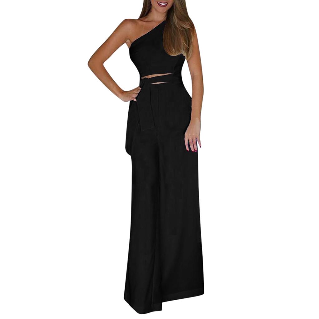 Summer Women Solid Sleeveless Strapless Bandage Jumpsuit Long Wide Leg Trousers