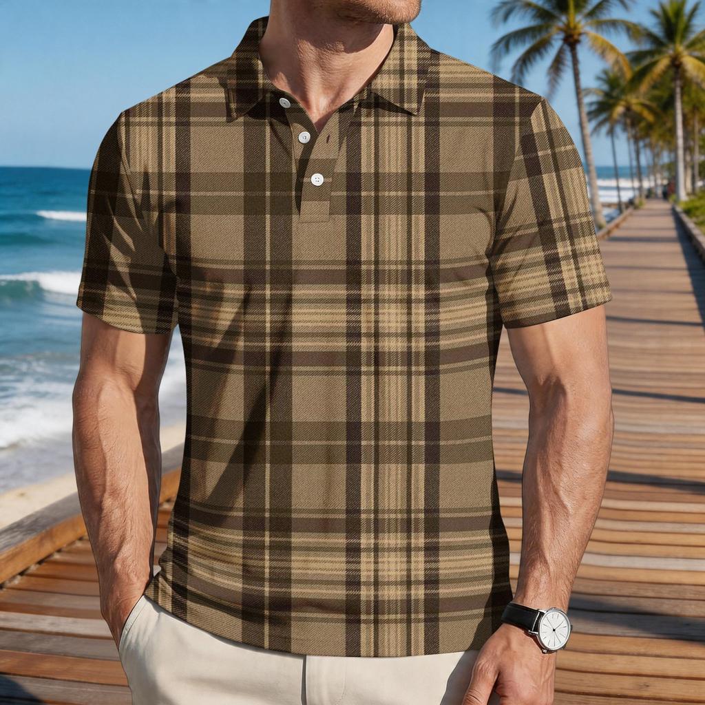 Mens Loose Fit Casual Plaid Print Short Sleeve Polo Shirt Classic Turn Down Collar Soft Lightweight Top