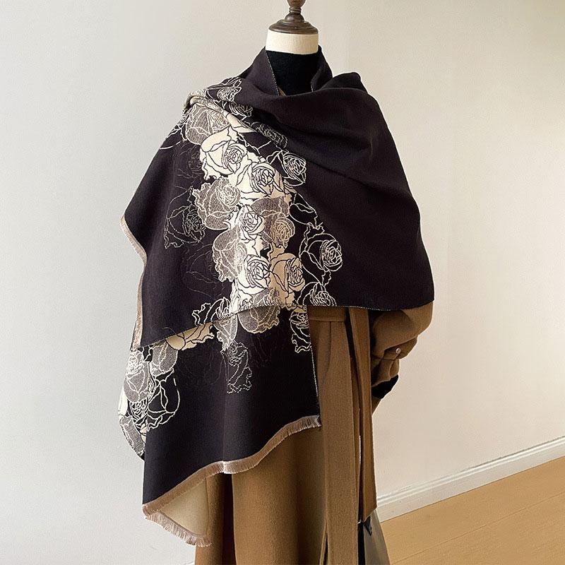 Warm Faux Cashmere Shawl For Ladies Rose Cluster Elegant Scarf Color-Blocking Style Autumn And Winter New