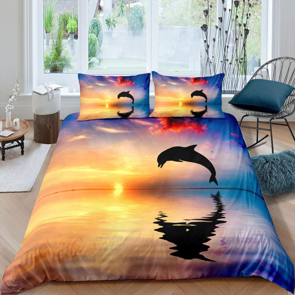 Kid Dolphin Duvet Cover Set King Size Cute Dolphin Marine Life Comforter Cover Microfiber Blue Wave Decor Quilt Cover For Teens