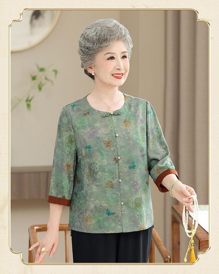 Silk Short-Sleeve Tang Shirt for Elderly Women