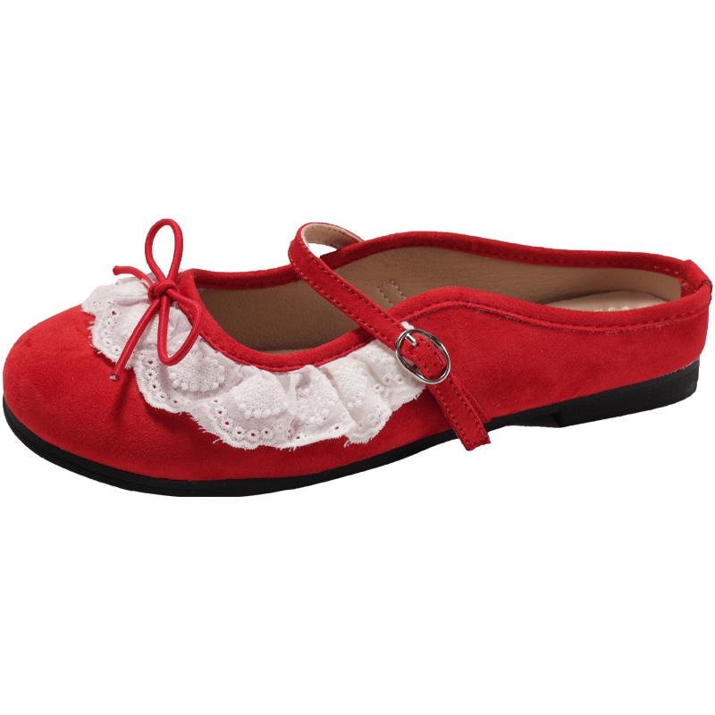 Fashion Lace Lace Bow Flat Semi-drag Spring and Summer New Round Toe Shallow Mouth Soft Sole Anti-slip Wear-resistant Slippers