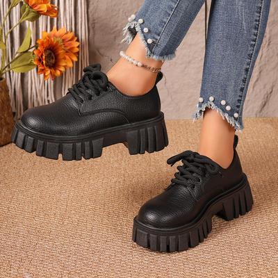 Large Size Muffin Platform Small Leather Shoes Women's British College Style Lace-up Casual Student Leather Shoes