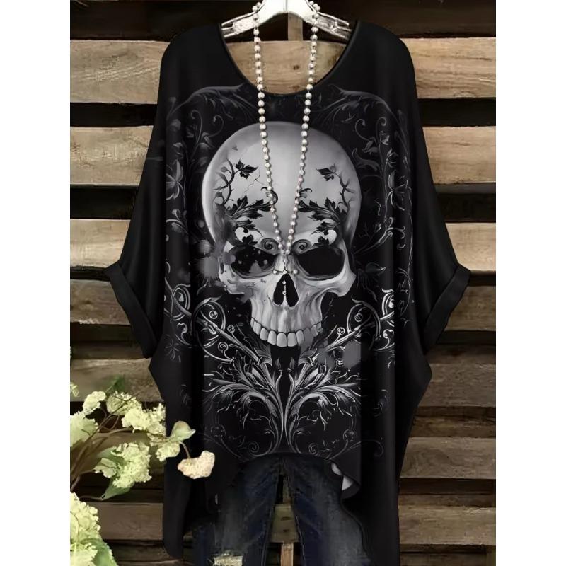 Camiseta para Mujer Estilo Gótico Bohemia Estampado de Calavera Dobladillo Irregular Holgada Cuello Redondo Manga Corta Oversize Y2k
