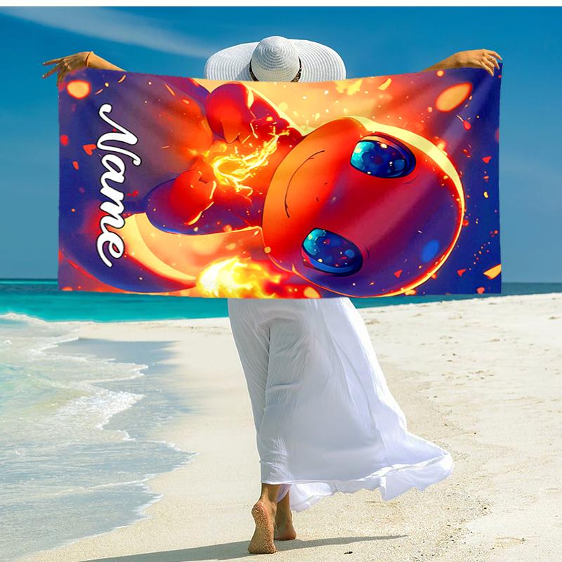 Personalized customized proof beach towel with Pokémon Charmander pattern - soft, absorbent,quick-drying,perfect swimming,camping&bathing