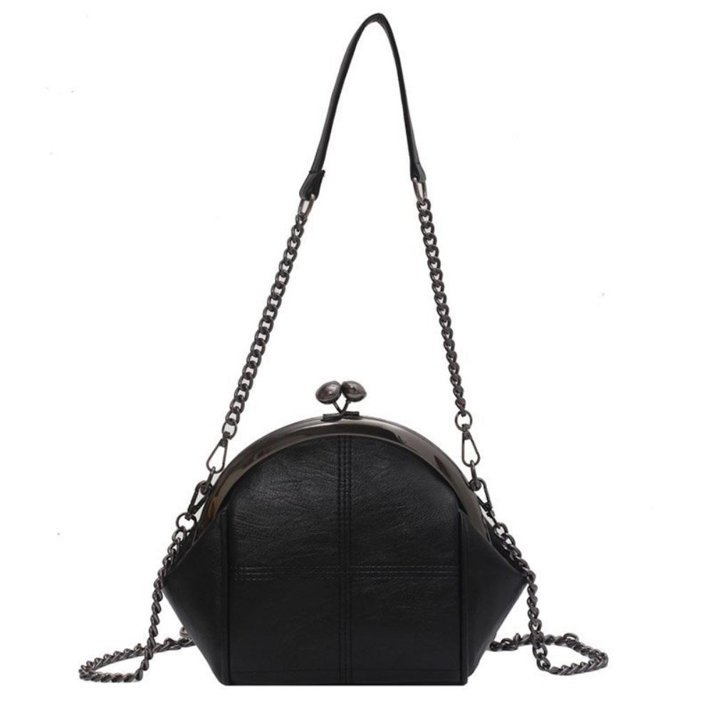 

Solid Color Kiss Lock Handbag Chain Strap Large Capacity PU Leather Crossbody Bag Short Handle Clip Closure Clutch Shoulder Bag чорний
