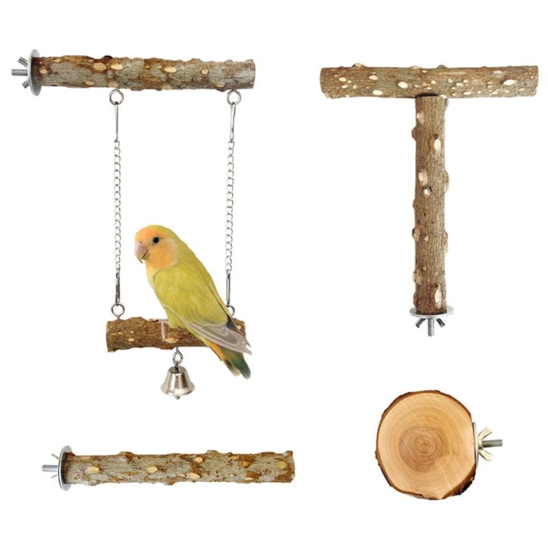 4PCS Natural Wood Parrot Perch Toy Set Includes Swing Platform And Climbing Accessories For Bird Engaging Play