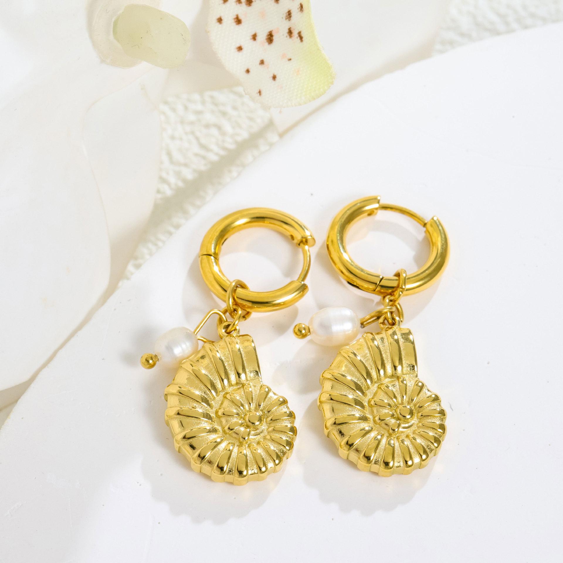 

Fashion popular marine series pearl accessories titanium steel earrings holiday style temperament personality versatile multi-style